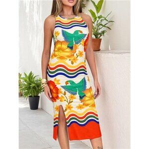 Plus Size Tropical Parrot Print Sleeveless Midi Dress